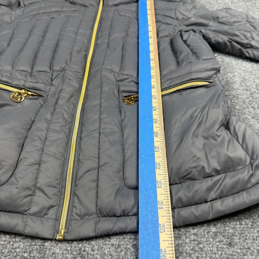 Michael Kors Down Puffer Jacket Women Large Gray Packable Gold Zip Funnel Neck